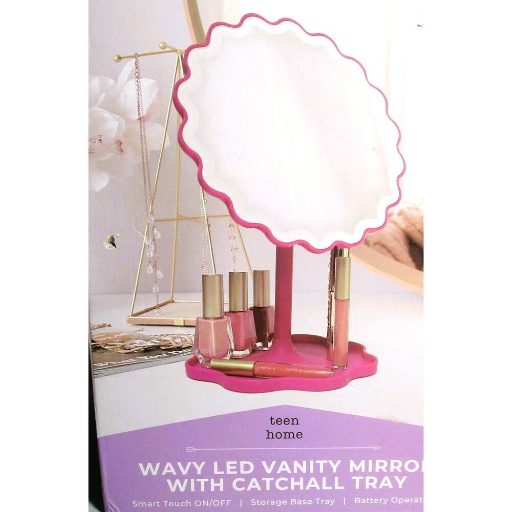 Teen Home LED Vanity Mirror Wavy Border Catchall Tray Dark Pink Battery Operated